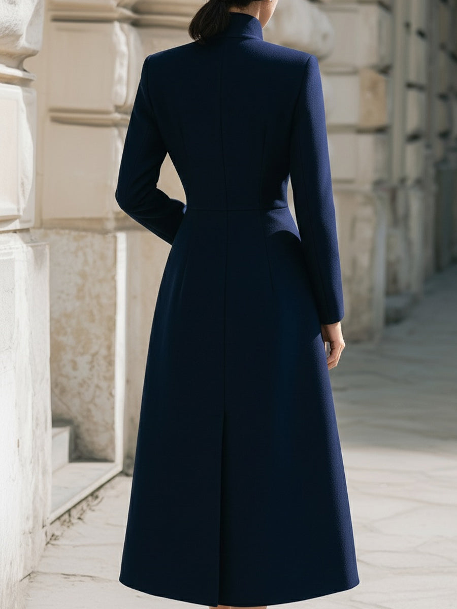 Cooliveify Navy Stand Collar Button Maxi Coat 