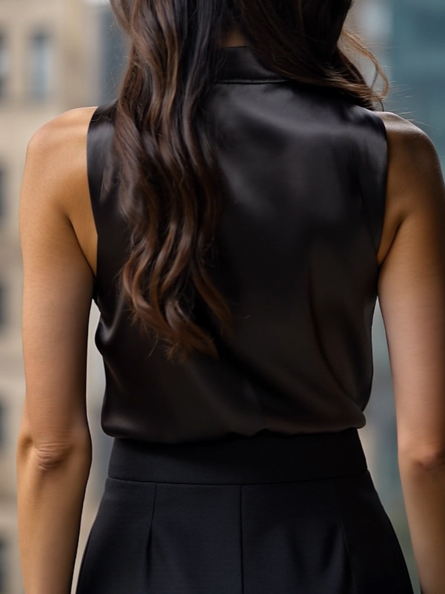 Cooliveify Black Satin High Neck Sleeveless Blouse 