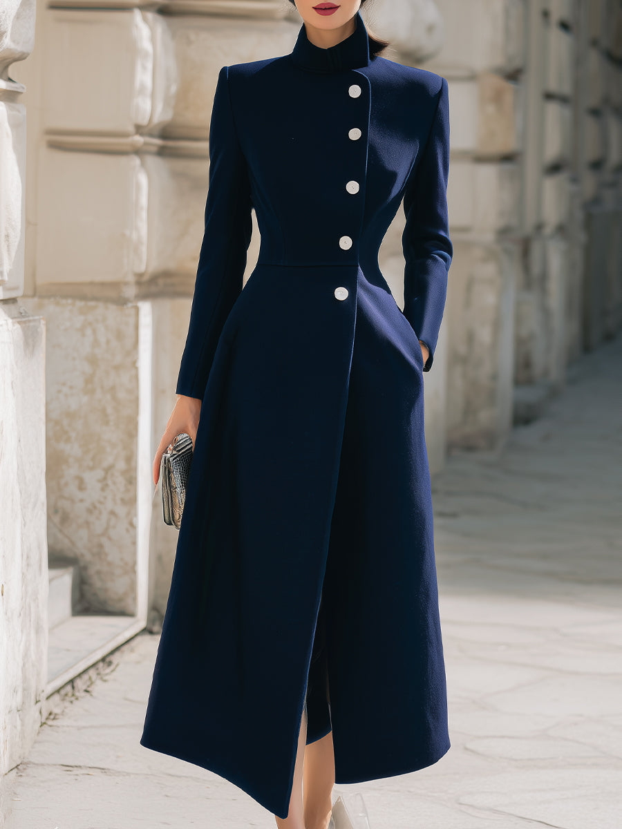 Cooliveify Navy Stand Collar Button Maxi Coat 