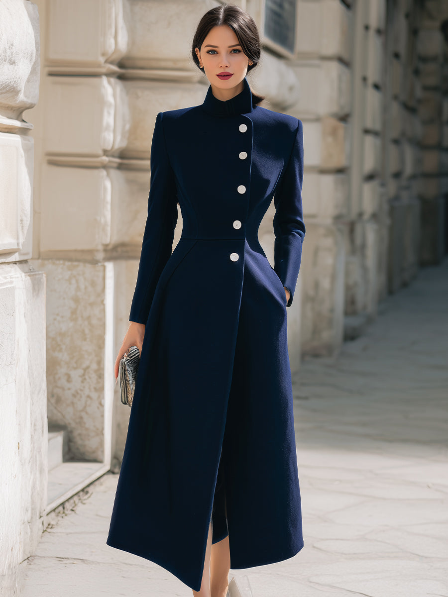 Cooliveify Navy Stand Collar Button Maxi Coat 