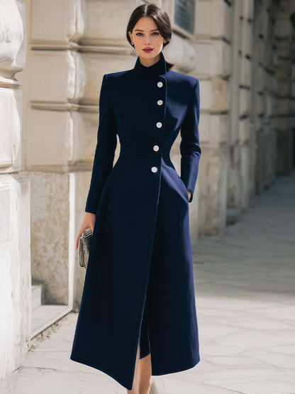 Cooliveify Navy Stand Collar Button Maxi Coat 