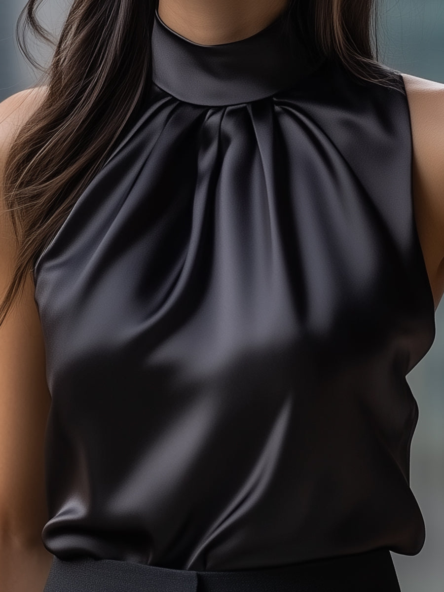 Cooliveify Black Satin High Neck Sleeveless Blouse 