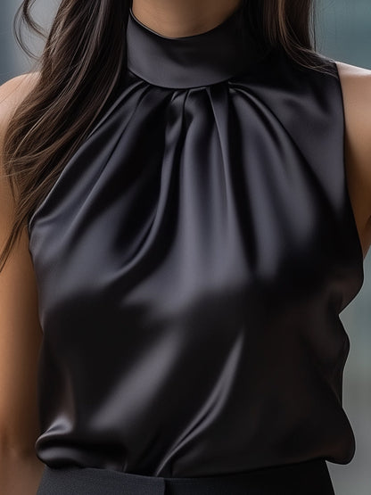 Cooliveify Black Satin High Neck Sleeveless Blouse 