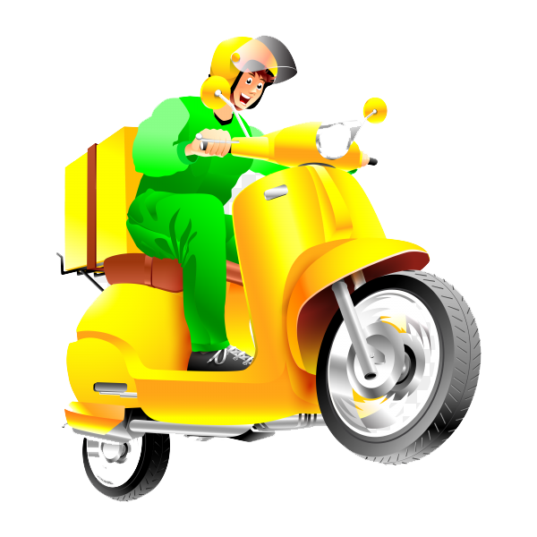 Illustration of a delivery person on a yellow scooter with a green outfit.