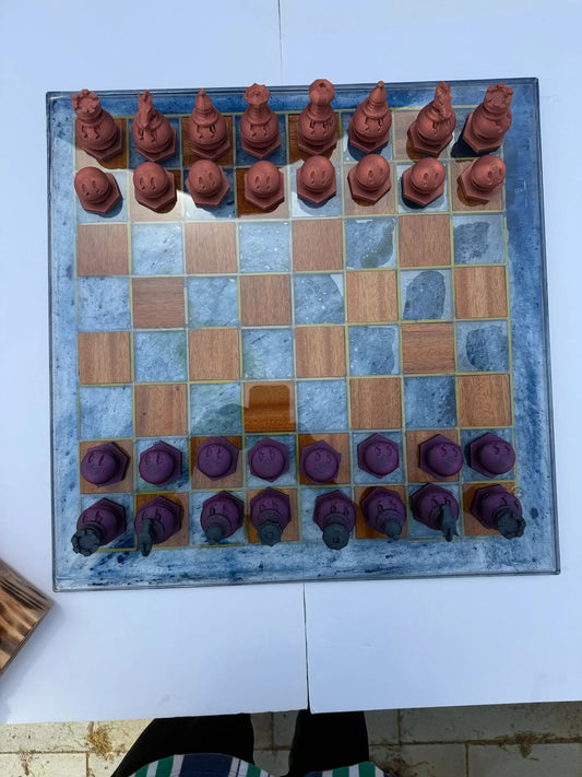19.5" Walnut & Epoxy Resin Chess Set – Handcrafted Board with 3D Printed Modern Pieces
