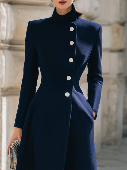 Cooliveify Navy Stand Collar Button Maxi Coat 