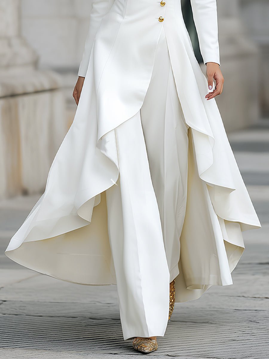 Cooliveify White Gold Button Stand Collar Maxi Dress 