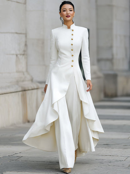 Cooliveify White Gold Button Stand Collar Maxi Dress 
