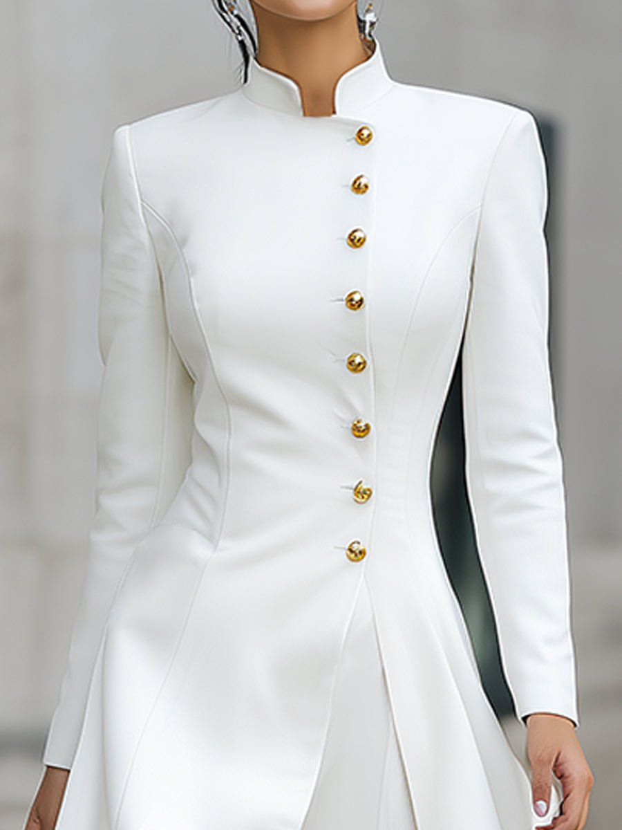 Cooliveify White Gold Button Stand Collar Maxi Dress 
