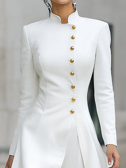 Cooliveify White Gold Button Stand Collar Maxi Dress 