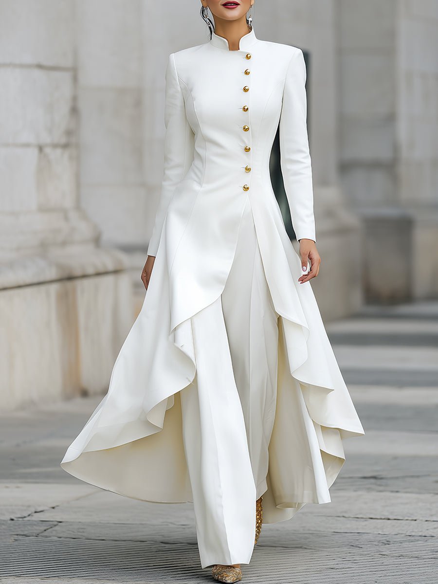 Cooliveify White Gold Button Stand Collar Maxi Dress 