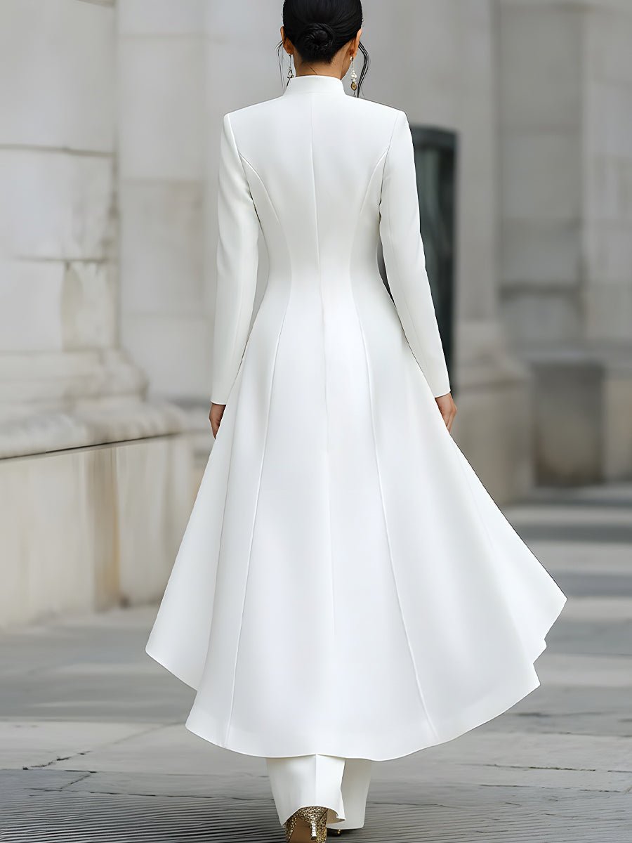 Cooliveify White Gold Button Stand Collar Maxi Dress 