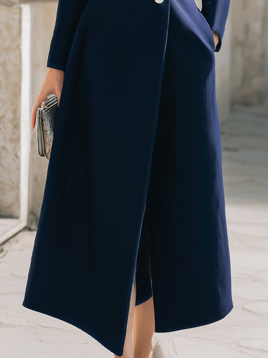 Cooliveify Navy Stand Collar Button Maxi Coat 